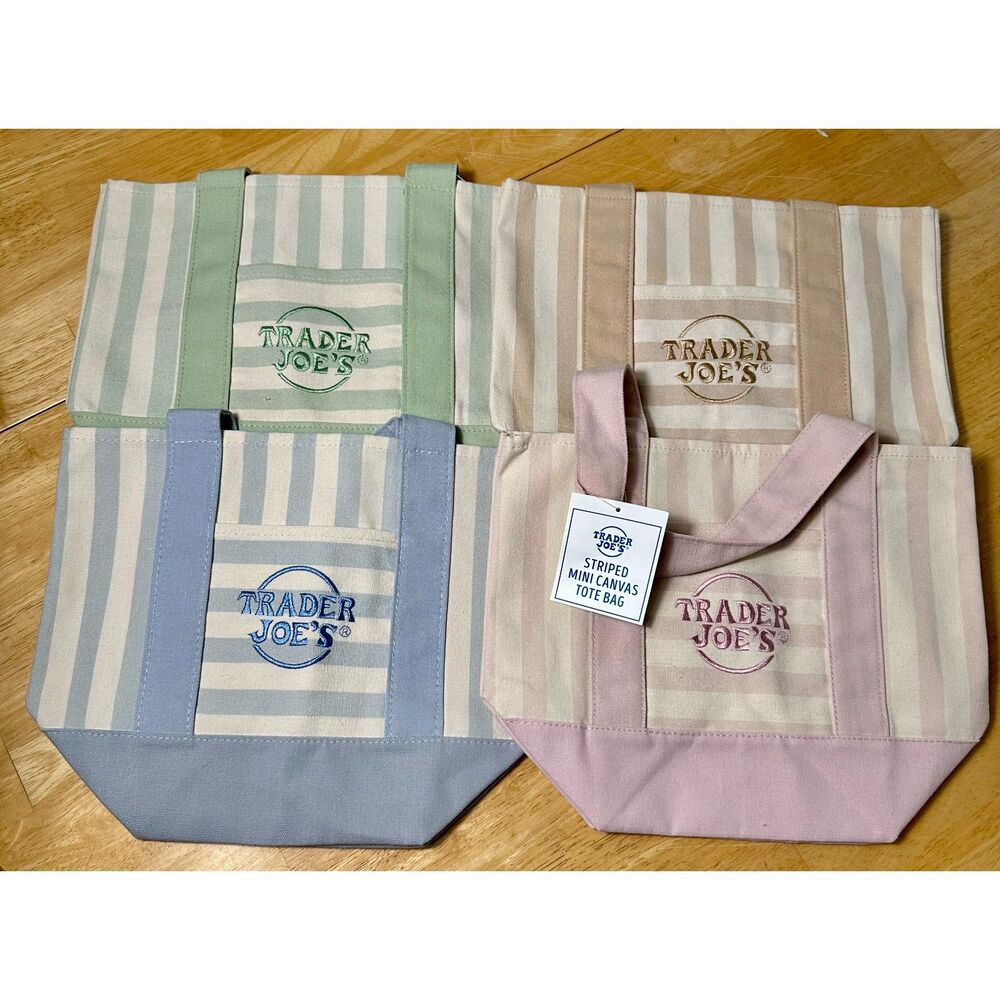 Trader Joe's Pastel Striped Canvas Tote Bags Set of 4 Green, Blue, Tan, Pink NWT